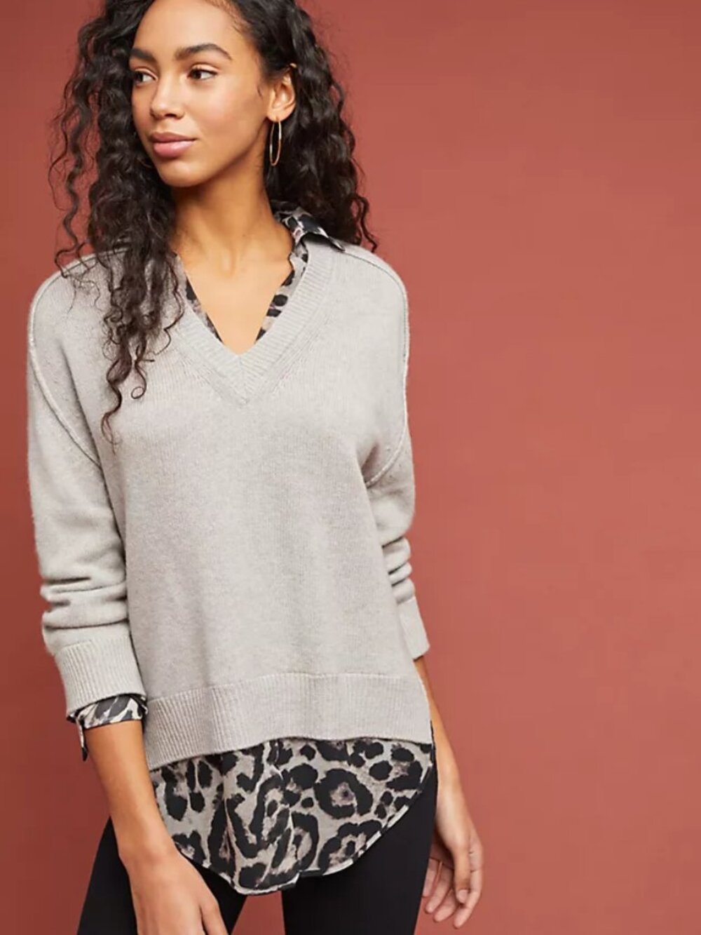 Brochu Walker The Looker Layered VNeck Sweater Light Chia Leopard Print size XS